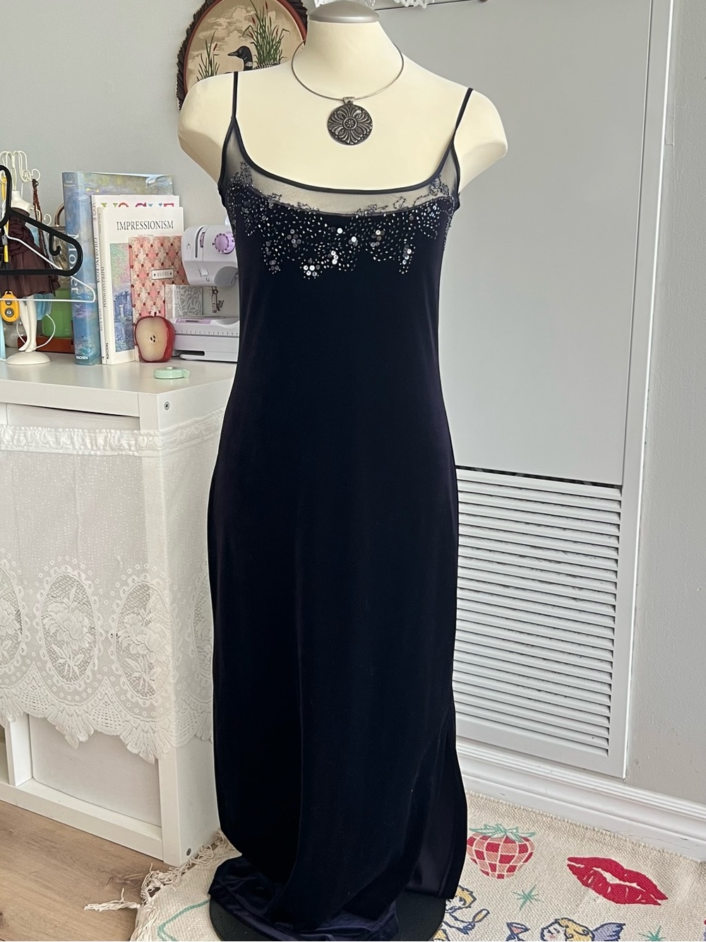 Vintage Deadstock Jessica black velvet maxi dress with sequin embellishment